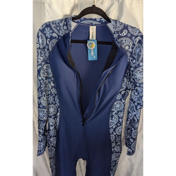 Halcurt Women Blue Paisley Long Sleeve Rash Guard 1 Piece Boy Leg Surf Suit 2XL - Picture 3 of 7